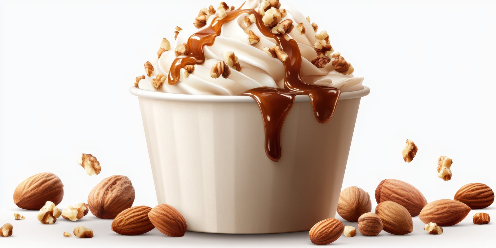 Delicious dessert featuring whipped cream, caramel, and nuts served in a cup